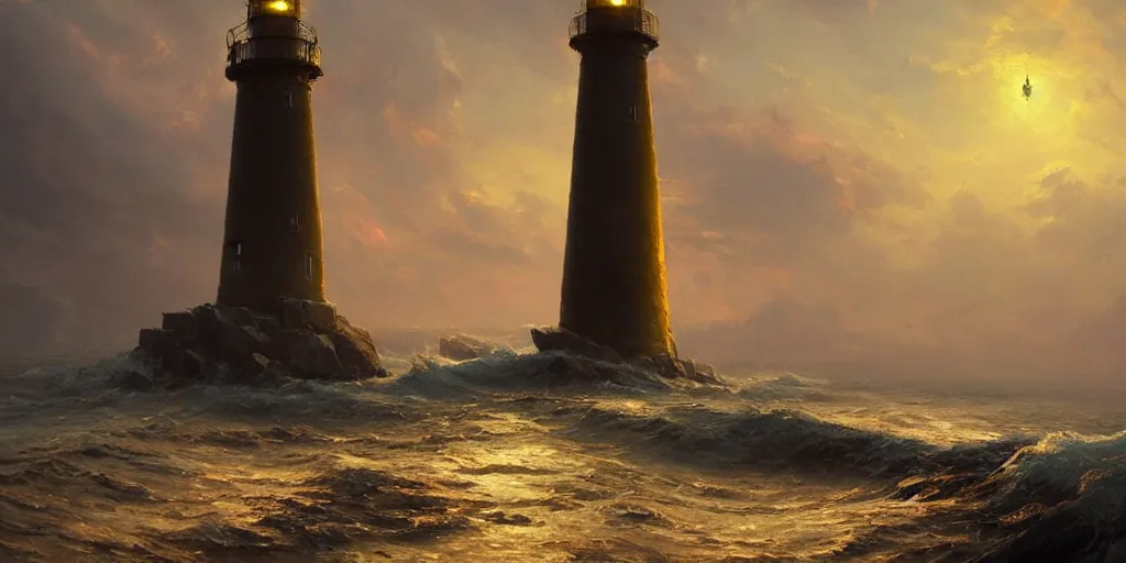 Prompt: A beautiful painting of a singular lighthouse, shining its light across a tumultuous sea of blood by greg rutkowski and thomas kinkade, Trending on artstation, yellow color scheme