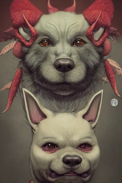 Image similar to a portrait of a japanese devil cannabis dog animal illustrated by miyazaki by karol bak, james jean, tom bagshaw, rococo, sharp focus, trending on artstation, cinematic lighting, hyper realism, octane render, 8 k, hyper detailed, vivid, ultra detailed, highly detailed