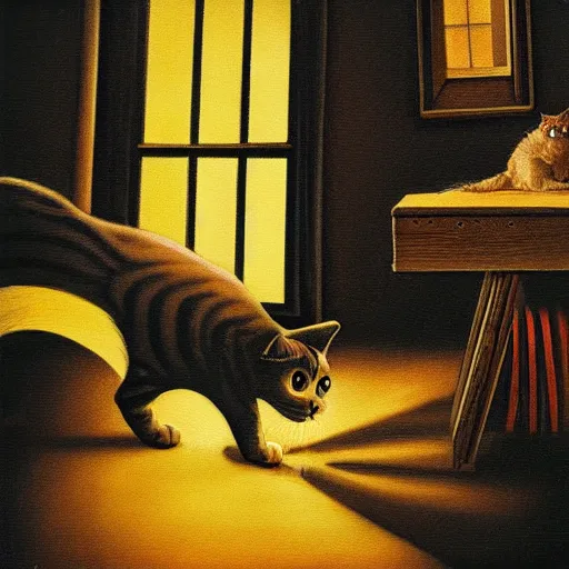 Prompt: a cat in floor inside a dark house, surrealism