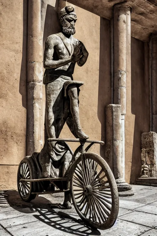 Image similar to photo of the ancient statue of biker on the tricycle, symmetrical, cinematic, real dlsr photography, sharp focus, 4 k, ultra hd, sense of awe, archeology journal cover