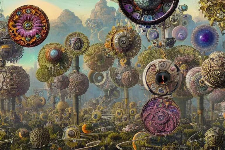 Image similar to a surreal and awe - inspiring science fiction planet overrun with fidget spinners, intricate, ornate, highly detailed fidget spinners, matte painting by ernst haeckel and simon stalenhag