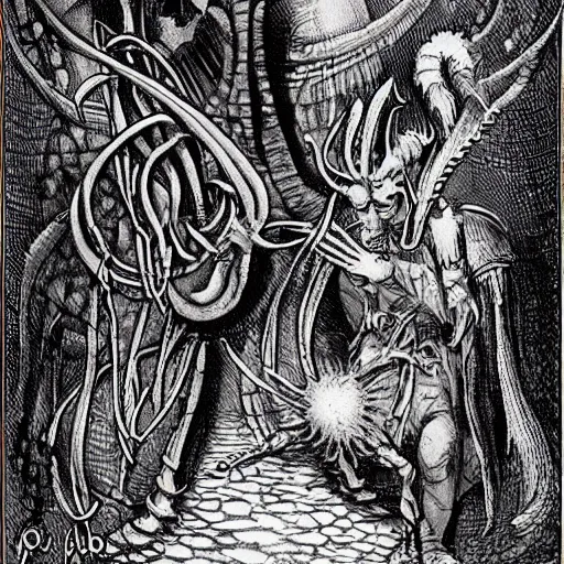 Prompt: and hast thou slain the jabberwock? come to my arms, my beamish boy! o frabjous day! callooh! callay! he chortled in his joy | by lewis carroll and hp lovecraft with doctor seuss and hr giger