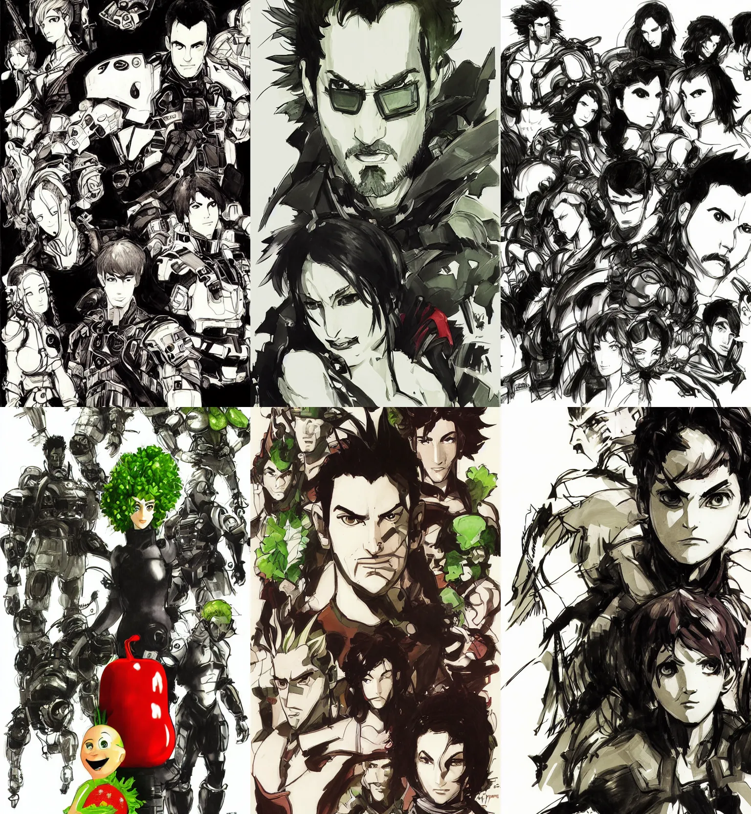 Prompt: Veggie Tales concept art illustrated by Yoji Shinkawa, portrait, high res