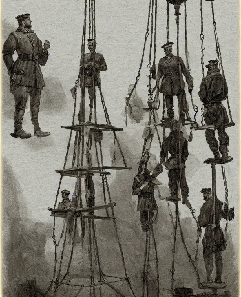 Image similar to 2 soldiers and executor and a convict standing next to a halifax gibbet on a raise platform, villagers looking on from below, concept art,