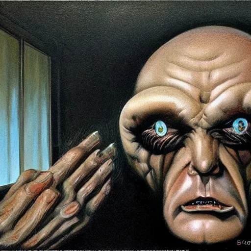 Image similar to closeup face, big eyes, angry old man in chair inside a dark house, surrealism, painting by boris vallejo and michael whelan