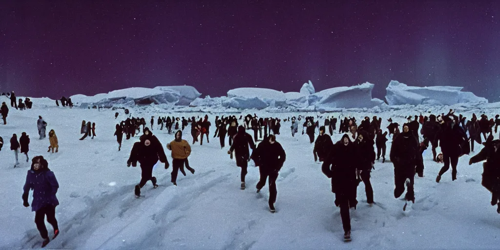 Image similar to filmic wide shot dutch angle movie still 35mm film color photograph of a crowd of people wearing snow clothing running terrified outside in antarctica, blood flying in the air, aurora borealis in the sky, in the style of a 1982 horror film