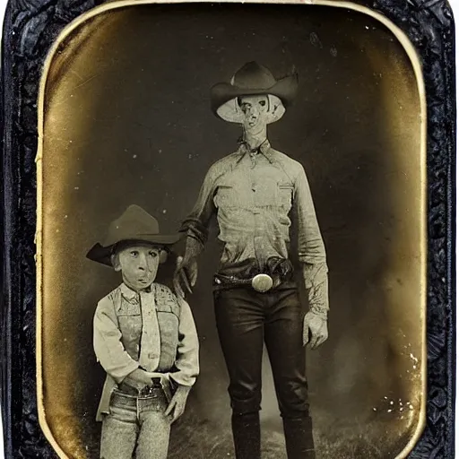 Image similar to alien standing next to cowboy, tintype photograph