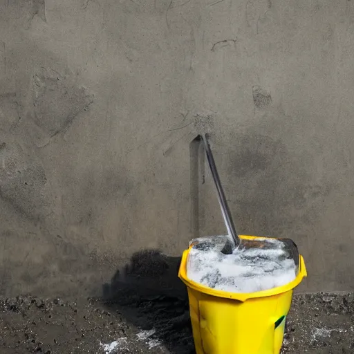 Image similar to slushy made out of grayish brown dirty water, next to a yellow bucket and mop, flash photography