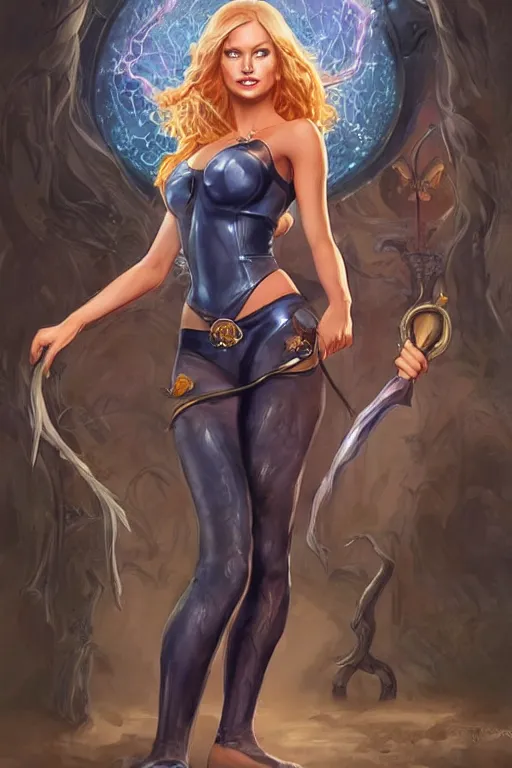 Prompt: frontal standing pose portrait of Sabrina the College Witch, very beautiful young woman, straight hair, push-up underwire. Intricate, concept art, magic lighting overlays, magical portal opened, D&D!, fantasy style, sharp focus!, ultra detailed, art by Artgerm and Peter Andrew Jones, WLUP, Magali Villeneuve