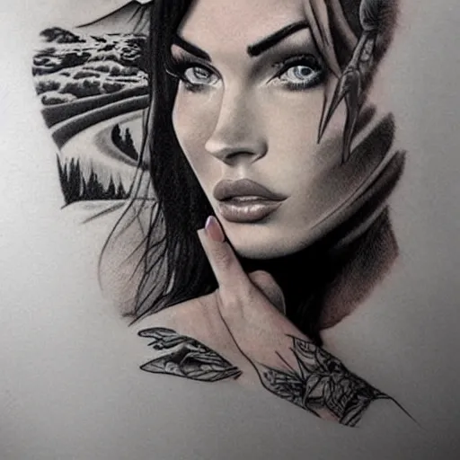 Image similar to tattoo design sketch of megan fox mash up effect with beautiful mountain scenery, in the style of matteo pasqualin, amazing detail