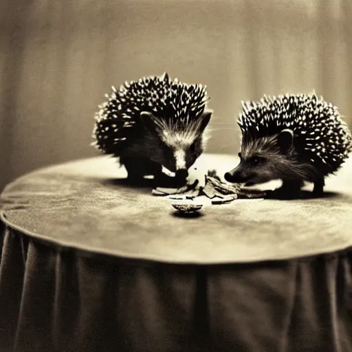 Image similar to two hedgehogs sitting at a round table, a peace treaty sits in the middle of the table, historic photo, united nations