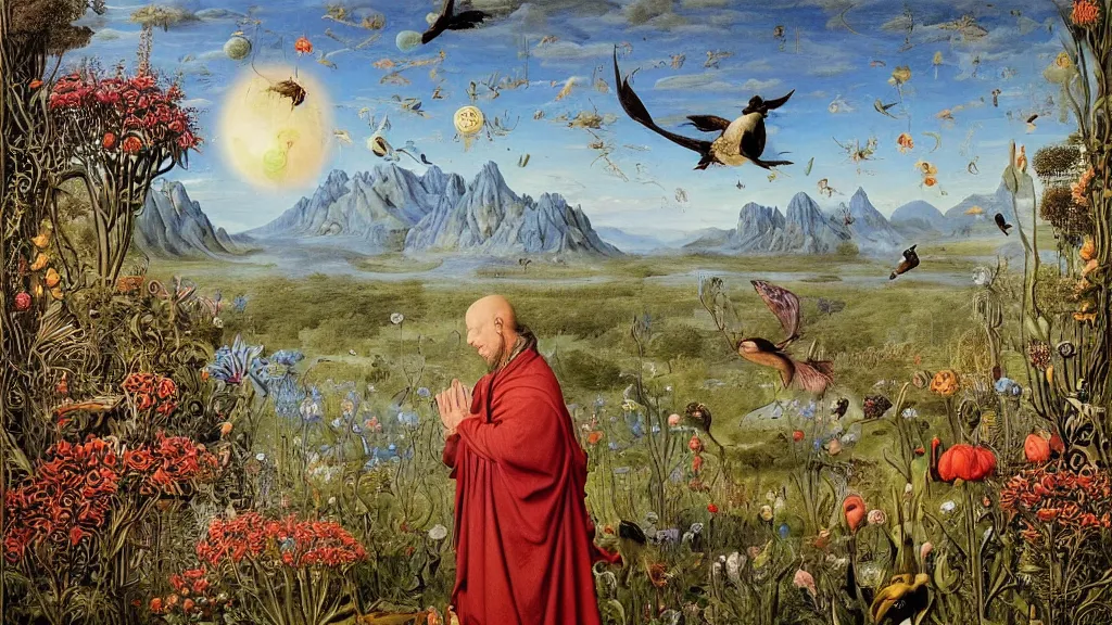 Image similar to a fish eye lense photograph of a meditating druid werewolf surrounded by towering bulbous flowers. wide landscape with mountains, river delta. clear blue sky with stars and birds. painted by jan van eyck, max ernst, ernst haeckel and ernst fuchs. trending on artstation, 8 k, award winning, fashion editorial, mythology, photorealistic, cacti everywhere