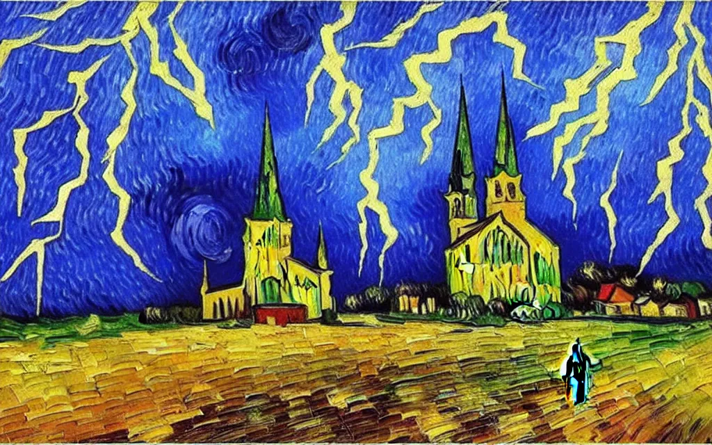 Image similar to expressionist oil painting by van gogh of lightning storm over a tall gothic church, landscape painting, expressionism, 8 k resolution detailed art, small brushstrokes, watercolor palette