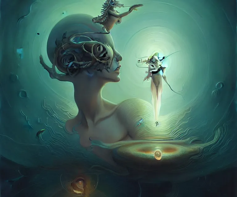 Image similar to shkkeled in the voied, by hr beeple and cgsociety | stunning goddess of speed charlie bowater and tom bagshaw, insanely detailed, artstation, space art | atoms surrounded by skulls and spirits deep under the sea, horror, sci - fi, surrealist painting, by peter mohrbacher anato finnstark