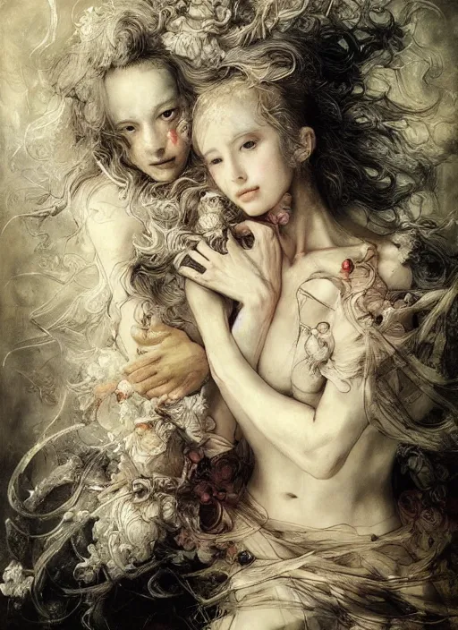 Prompt: regeneration can only be attained by two souls working in unison and harmony, baroque, rococo, dramatic, elaborate, emotive, and transcendental , painted by Ayami Kojima, WLOP, rembrandt, amano and bosch