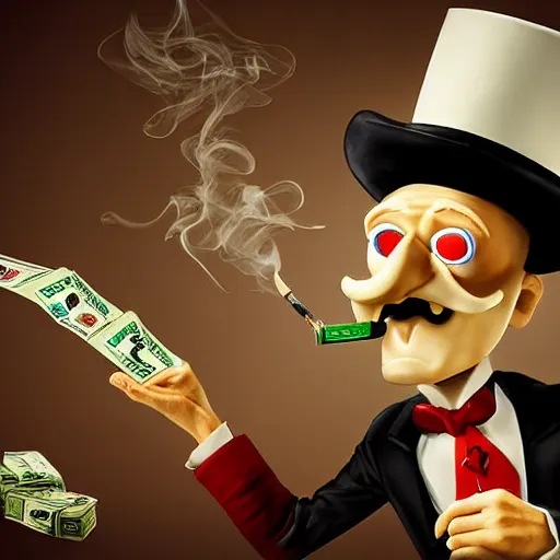 Image similar to digital art, highly detailed, evil monopoly man, money, cigar, oil, smoke, by blue sky studios.