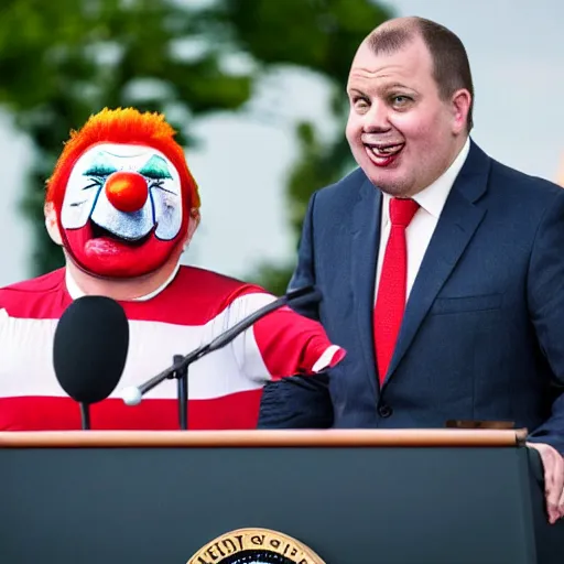 Image similar to a president with clown bulldog face in a podium next to an angry first minister