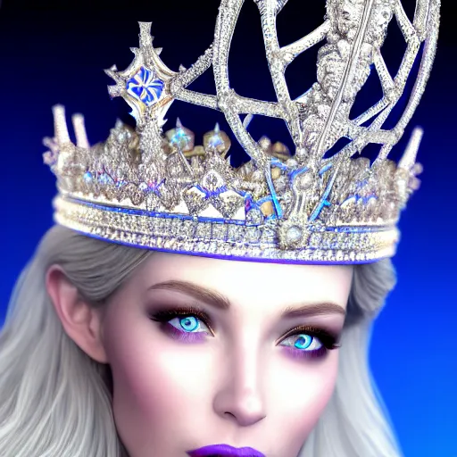 Image similar to beautiful ice queen with ornate crown and robes highly detailed, 4k, HDR, smooth, sharp focus, hyper realistic, high resolution