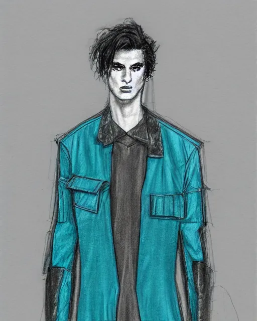 Prompt: pencil sketch of a male model wearing a baggy teal distressed medieval menswear moto jacket by issey miyake, 4 k, studio lighting, wide angle lens