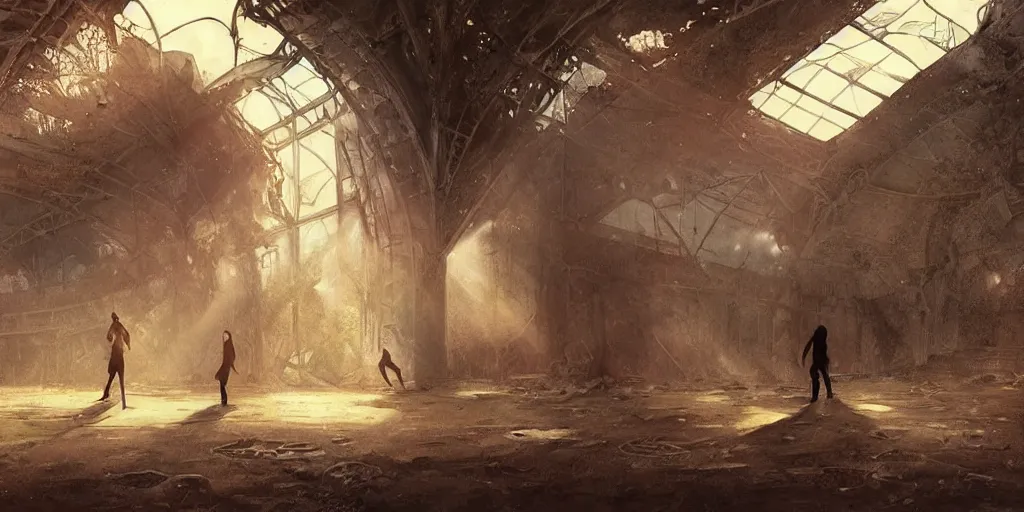 Image similar to “two figures enter abandoned derelict stadium, volumetric rays, wide angle, cinematic lighting, intricate, elegant, highly detailed, digital painting, artstation, sharp focus, illustration, art by artgerm and greg rutkowski and alphonse mucha and Wayne Barlowe and william-adolphe bouguereau ”