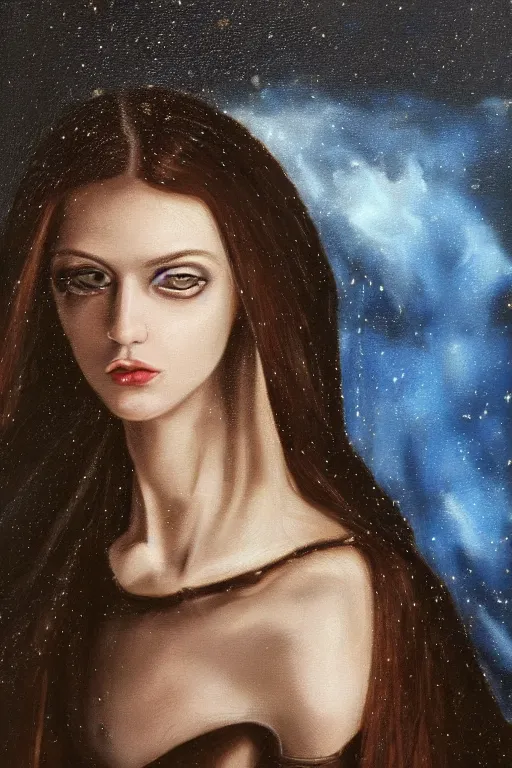 Image similar to hyperrealism oil painting, close - up portrait of european medieval brunette vampire fashion model, knight, steel gradient mixed with nebula sky, in style of baroque