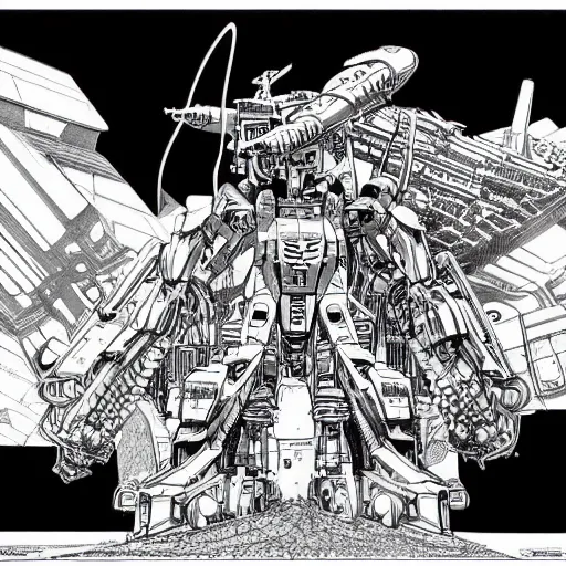 Prompt: jean giraud moebius giger giant mech gundam robot battle illustration comic black and white intricate hyperdetailed