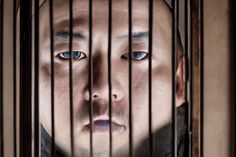Image similar to an 8 5 mm portrait of a justin sun as night king in prison looking through the bars of his cell, by annie leibovitz, shallow depth of field, cinematic lighting