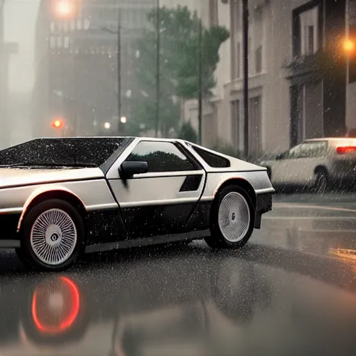 Image similar to hyperdetailed, photorealistic photograph of a dmc 1 2 delorean driving in the streets, rain, night, dense fog, hd, unreal engine 5