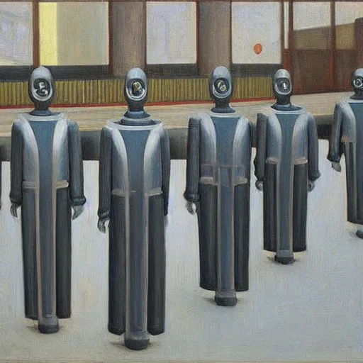 Prompt: robot druids in a grand processional, capital plaza, grant wood, pj crook, edward hopper, oil on canvas