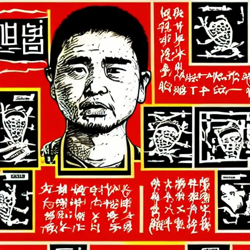 Image similar to uyghur Uighur in a prison behind bars, organ harvesting, in the style of daniel johnston and outsider art, 8k, line brush, overlaid with chinese adverts