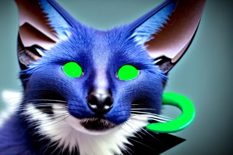 Image similar to a blue - and - black male blue / green heterochromatic catbat fursona with blue / green heterochromatic eyes ( one eye green ) and huge bat ears, photo of the catbat streaming on his computer