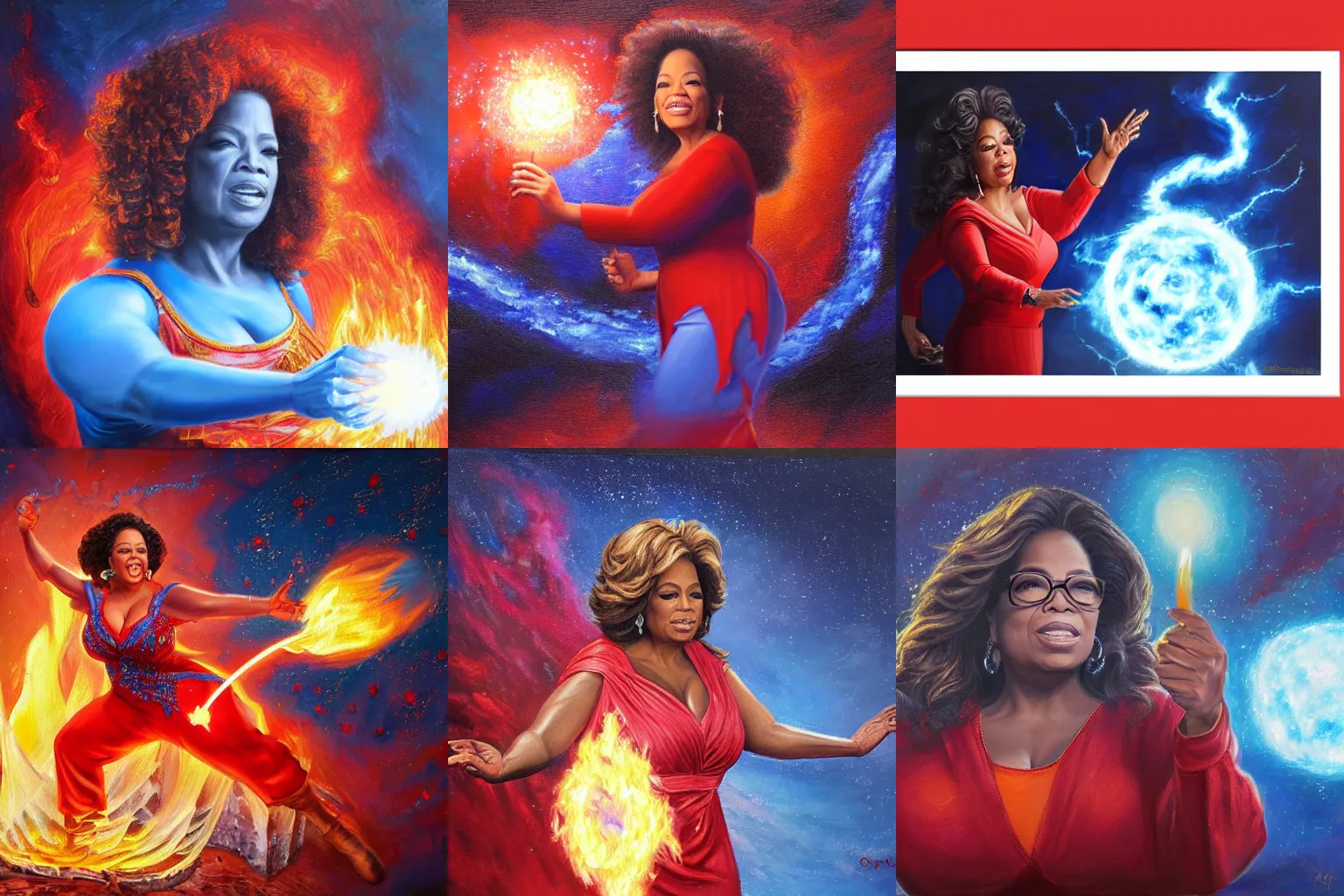 Prompt: highly detailed oil painting, concept art, oprah trump casting a fireball spell, fighting against a huge ice giant, red and blue color scheme, concept art, highly detailed