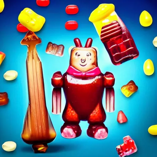Prompt: A candy knight facing a giant gummy bear