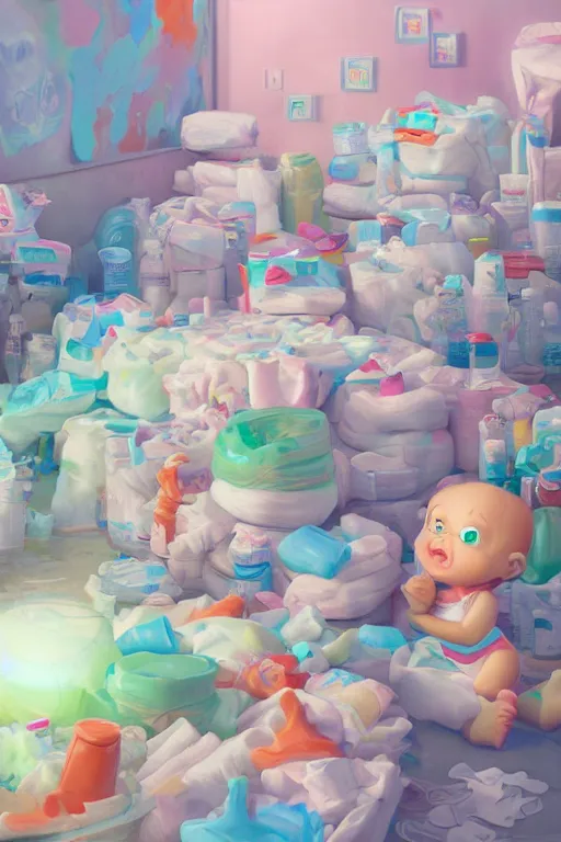 Prompt: Diaper Disposal Factory, Overflowing with Diapers, digital art, fantasy, trending on artstation, professional illustration, cgsociety, ultra detailed, volumetric lighting, celshaded, colorful, girly, lively, cute