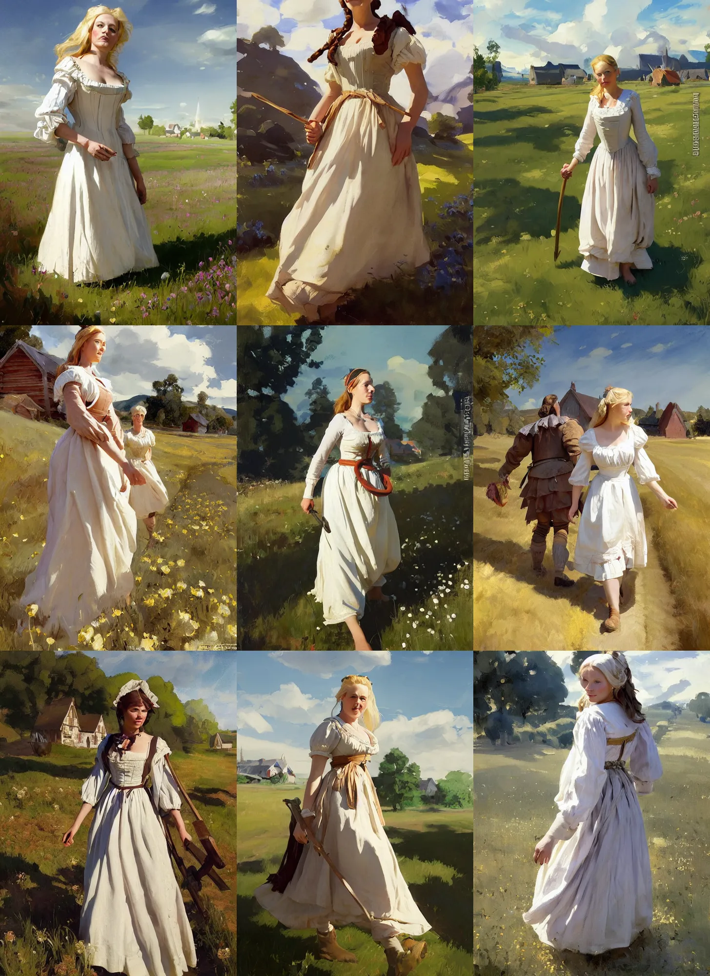 Image similar to finnish norway scandinavian attractive village maiden wearing 1 7 th century bodice walking in the field in a sunny day, jodhpurs greg manchess painting by sargent and leyendecker, studio ghibli, fantasy, medium shot, asymmetrical, intricate, elegant, matte painting, illustration, hearthstone, by greg rutkowski, by greg tocchini, by james gilleard