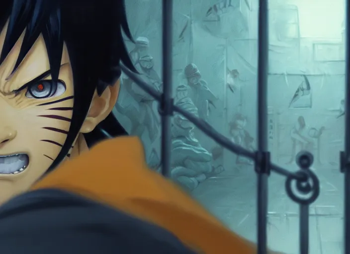 Image similar to highly detailed portrait of naruto uzumaki with black hair punching a wal behind bars in prison, unreal engine, fantasy art by greg rutkowski, loish, rhads, ferdinand knab, makoto shinkai and lois van baarle, ilya kuvshinov, rossdraws, tom bagshaw, global illumination, radiant light, detailed and intricate environment