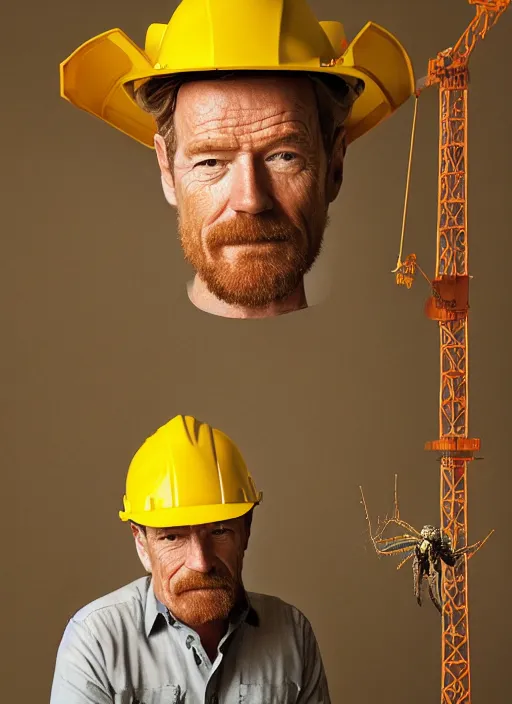 Prompt: closeup portrait of mecha bryan cranston with construction crane spider legs, yellow hardhat, natural light, bloom, detailed face, magazine, press, photo, steve mccurry, david lazar, canon, nikon, focus