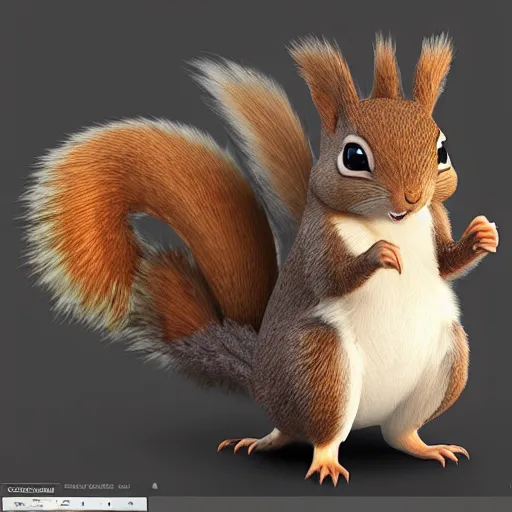 Image similar to A pokemon that looks like A squirrel ，The tail is a curly Ferns ，Trending on art station. Unreal engine.