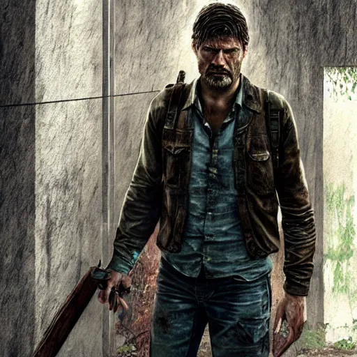 Image similar to Nikolaj Coster-Waldau as Joel in The Last Of Us, hyperrealism photo