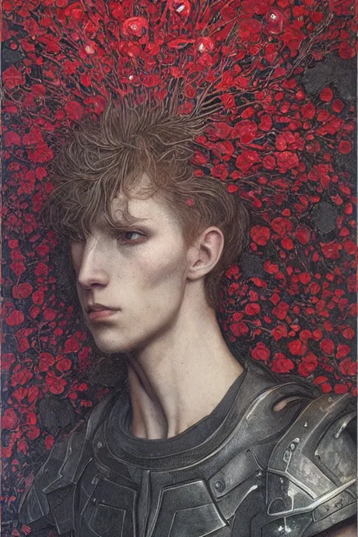 Image similar to portrait of beautiful gothic young man, thunderstorm, cyber armor, a lot of scars, more and more flowers, red head, the middle ages, highly detailed, artstation, illustration, art by jean delville, 8 k quality, art by greg gandy and dragan bibin