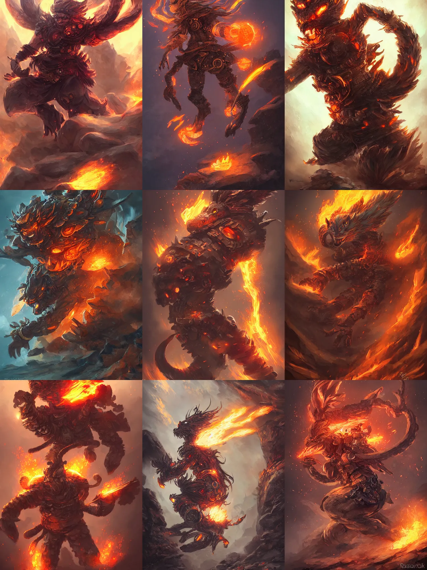 Prompt: fire elemental, rocky creature, summon, steampunk, high fantasy, highly detailed, sharp focus, high fantasy, by rossdraws