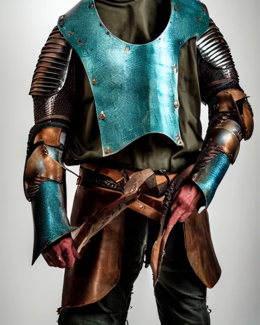 Prompt: an award - winning photo of a ancient male model wearing a simplified baggy teal distressed medieval designer menswear leather jacket slightly inspired by medieval armour, 4 k, studio lighting, wide angle lens