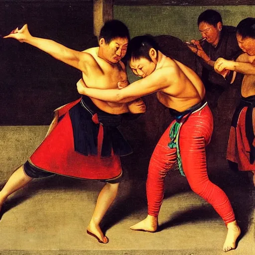 Prompt: shuai jiao chinese wrestling class in the style of caravaggio