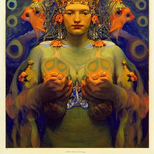 Image similar to the crown of clouds, by Annie Swynnerton and Nicholas Roerich and Diego Rivera, bioluminescent skin, elaborate costume, geometric ornament, symbolist, cool colors, smooth, sharp focus, extremely detailed