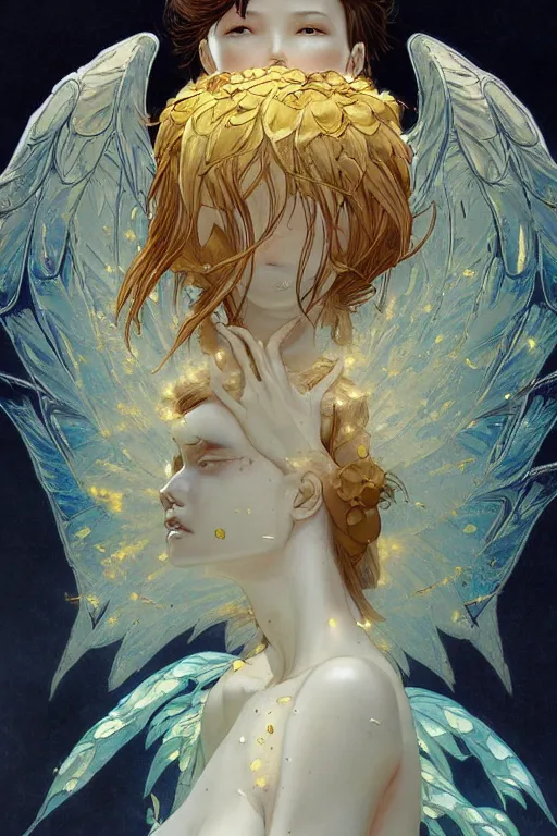 Image similar to prompt : angel women with golden wings soft light painted by james jean and katsuhiro otomo and erik jones, inspired by akira anime, smooth face feature, intricate oil painting, high detail illustration, sharp high detail, manga and anime 1 9 9 9