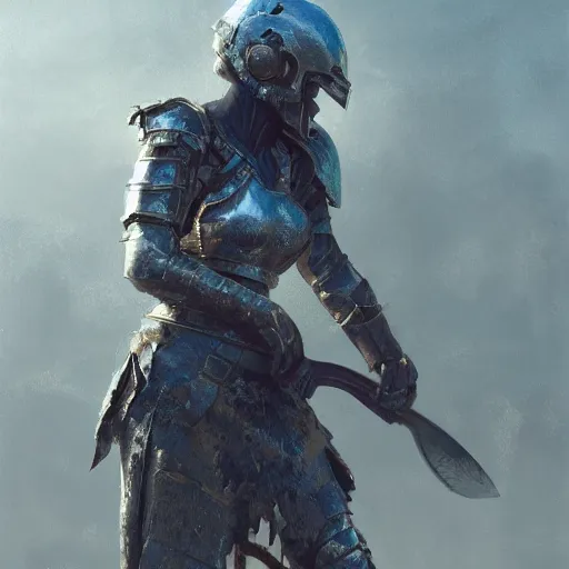 Image similar to an woman wearing metal scrap armor and an helmet holding an axe, Matte painting , detailed painting, made by Greg Rutkowski, 4k, atmospheric