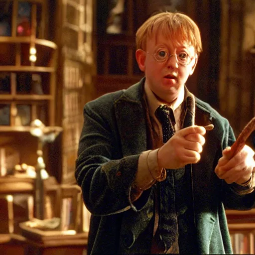 Prompt: Mark Williams as Arthur Weasley holding a wand in Harry Potter and the Chamber of Secrets (2002)