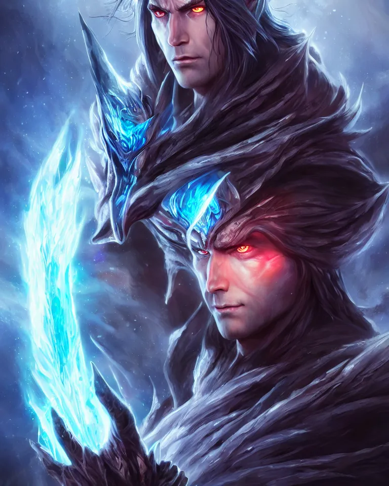 Image similar to beautiful cinematic fantasy poster, demon king of ice, beautiful glowing galaxy eyes, hybrid from The Elden Ring and art direction by Darius Zawadzki ;by artgerm; wayne reynolds art station; cinematic quality character render; low angle; ultra high quality model; production quality cinema model;