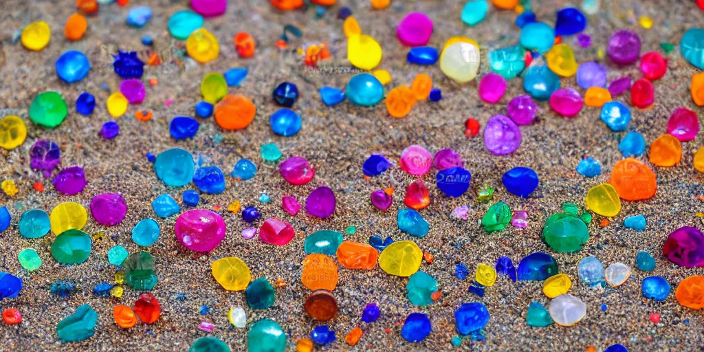 Image similar to Round, transparent and colorful crystals on the beach by the sea, professional photography