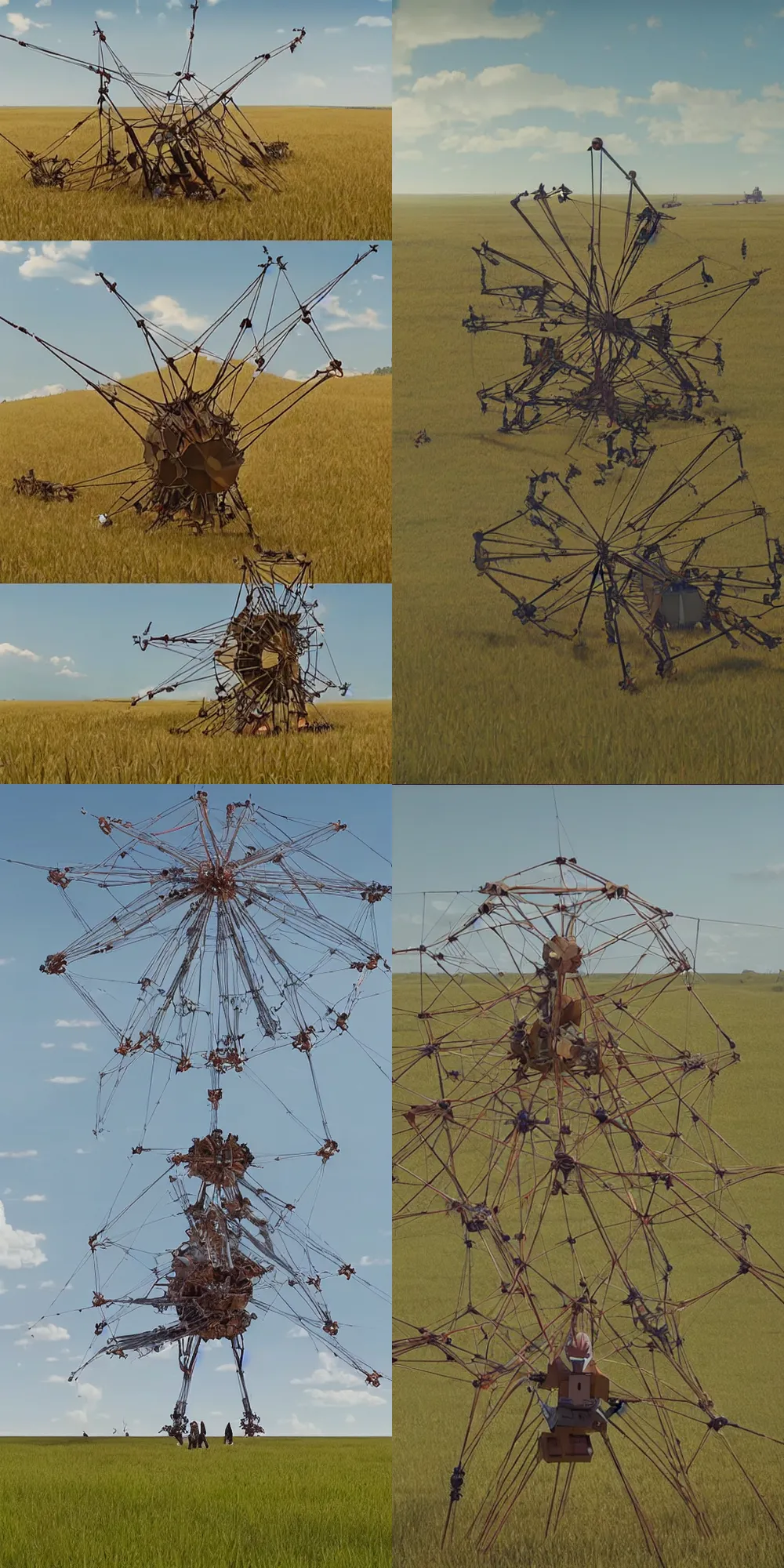 Prompt: a giant strandbeest in the middle of a field, Makoto Shinkai, Miyazaki, Breath of the wild, Simon Stålenhag, studio ghibli